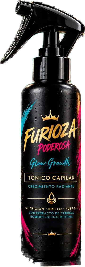 Frasco spray negro del tónico capilar Glow Growth de Furioza Poderosa