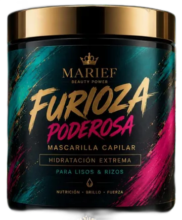 Tarro negro con tapa dorada del tratamiento capilar Vita Glow de Furioza Poderosa